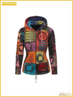 Women's 100% Cotton Slashed Patchwork Hippie Pixie Hoodie Zip Jacket